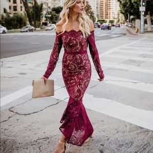 NWOT Elegance Lace Trumpet Burgundy Dress